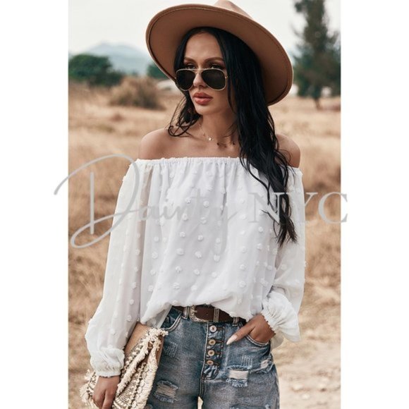 Boho Off Shoulder Loose Bubble Sleeve Top Gypsy - Picture 5 of 8